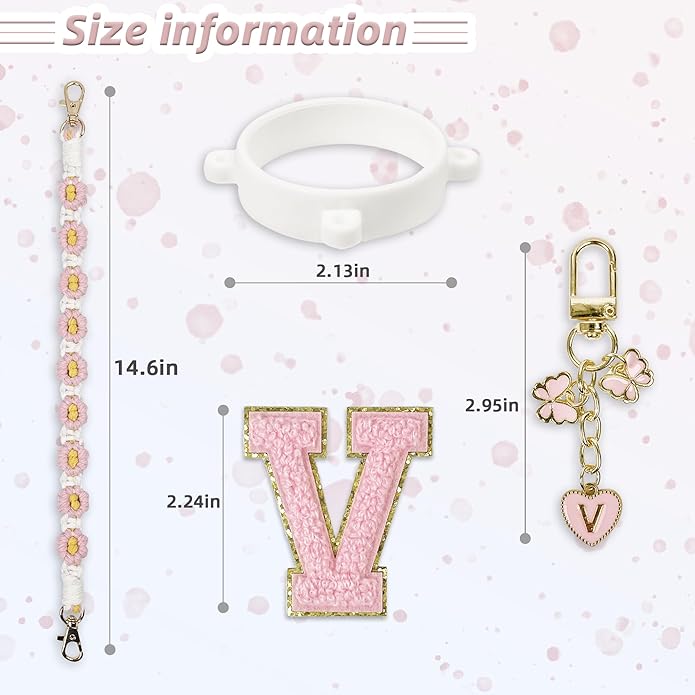Compatible with Owala Water Bottle Accessories, Cute Letter Charm Set with Boho Handle Strap, Monogram Sticker, Silicone Ring, Keychain Decoration, for FreeSip 24 32 40oz, Owala Kids, Tumbler Gift