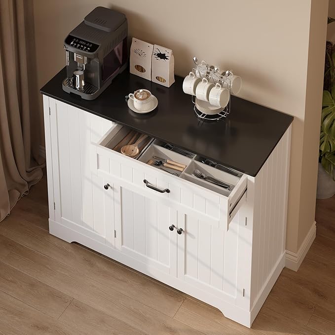 Gizoon Kitchen Coffee Bar Cabinet with Storage Kitchen Sideboard Buffet Cabinet with Drawers, Short Pantry with Door and Shelves for Bathroom and Living Room, White and Black