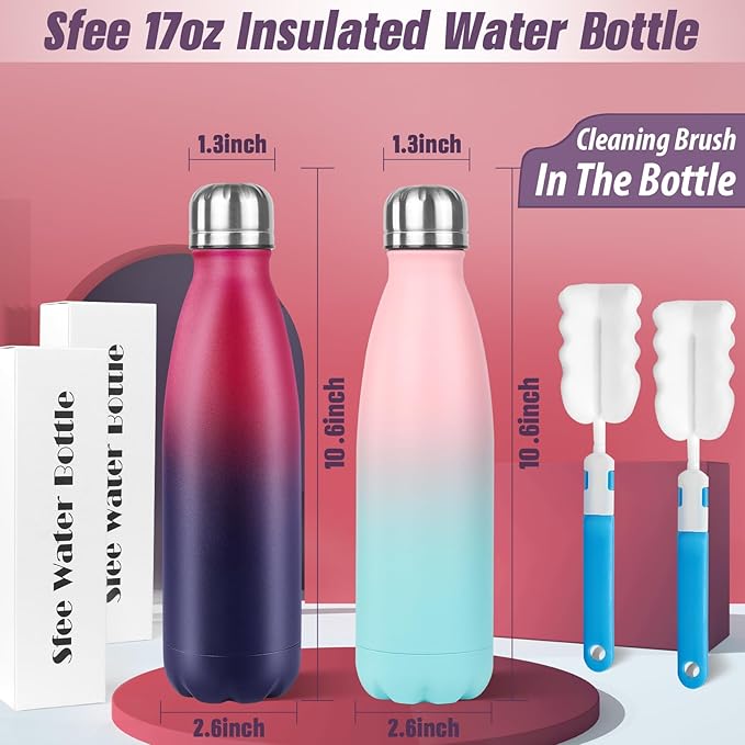 Sfee Insulated Water Bottle, 17 oz Stainless Steel Water Bottles, Double Wall Vacuum Reusable Water Bottles Leak Proof BPA-FREE Sports Bottle Cup Keep Hot&Cold for Running Gym Workout Cycling Kids