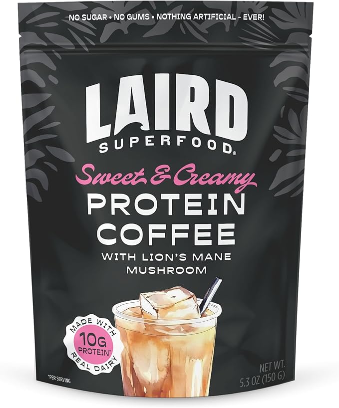 Laird Superfood Protein Coffee Powder - Sweet & Creamy Whey Protein, Instant Coffee Mix with Lion’s Mane - 10G Protein, 140mg Caffeine, 0g Sugar