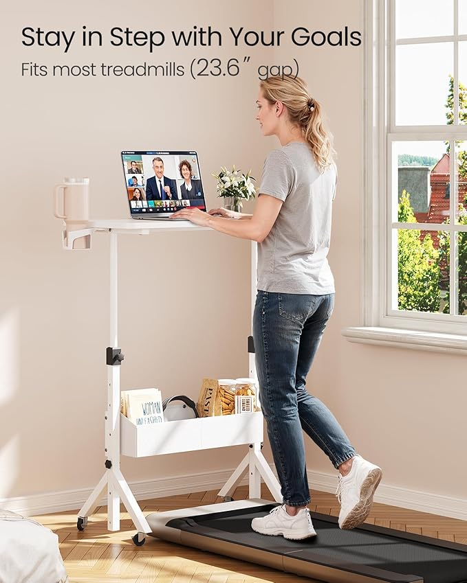 ErGear Mobile Standing Desk with Wheels, Adjustable Height 28.3″ to 46.1″, Rolling Laptop Cart with Cup Holder, Storage Basket, Computer & Pen Slot, Home Office Stand Up Desk, White (31.5″ x 15.75″)