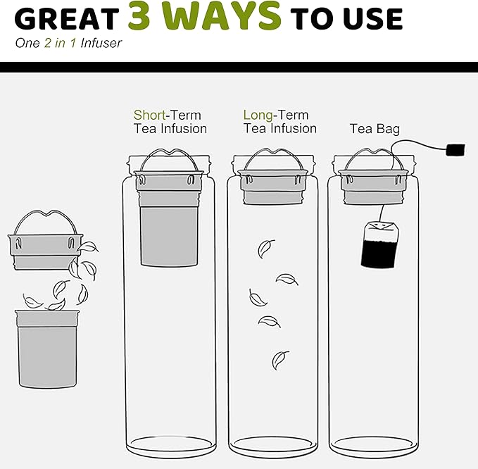 17oz Tea Tumbler with Infuser, 500ml Double Wall Borosilicate Glass Tea Bottle 100% Leak-Proof with 2 in 1 Stainless Steel Filter