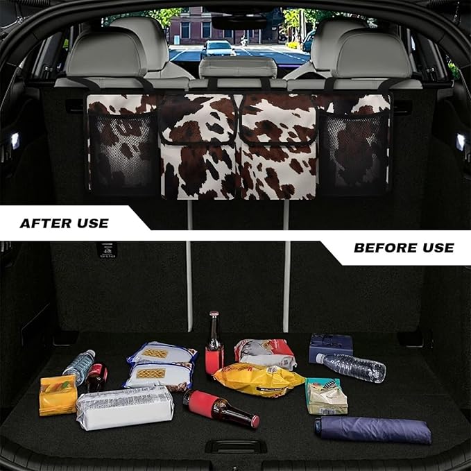 SEANATIVE Black Cow Print Car Trunk Organizer and Storage, Large Capacity Backseat Hanging Storage Car Accessories, Collapsible Backseat Car Organizer for SUV/MPV/Truck