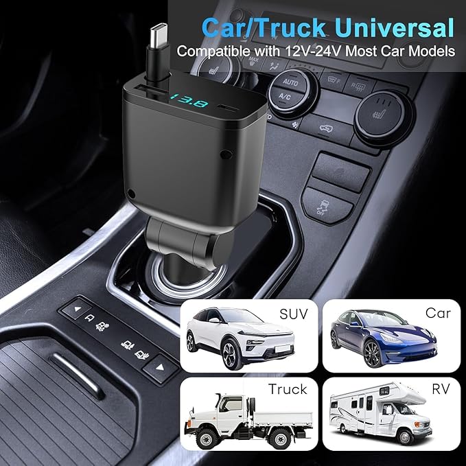 Retractable Car Charger, 3 in 1 USB C Car Phone Charger Adapter Compatible with iPhone 17 16 15 14 13 12 11 Pro Max (Black)