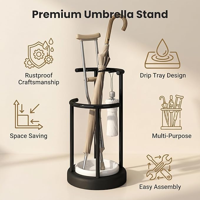 Umbrella Stand with Detachable Drip Tray, Umbrella Holder for Entryway, Rust Proof Umbrella Storage Rack for Homes, Offices, Mudrooms