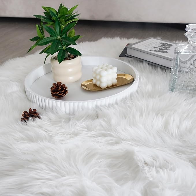 Round Decorative Tray for Coffee Table Decor, 11.8in White Decorative Serving Tray for Kitchen Counter,bandejas decorativas, Wooden Serving Tray for Party