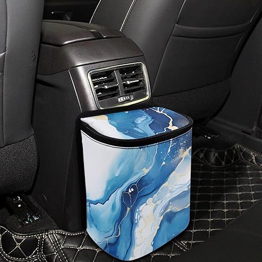 Blue Marble Auto Garbage Can with Lid,Portable Leak Proof Car Trash Can Bag Hanging for Back Seats，Console，Durable and Lightweight Vehicle Rubbish Storage Pocket