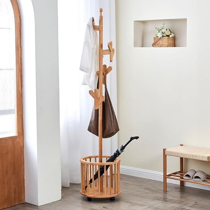Wood Coat Rack with Umbrella Holder - Wooden Coat Tree Rack Freestanding Heavy Duty Stand with 12 Hooks, Rolling Hat Hanger Racks with Wheels for Bedroom Entryway Hallway Livingroom Corner (Natural)