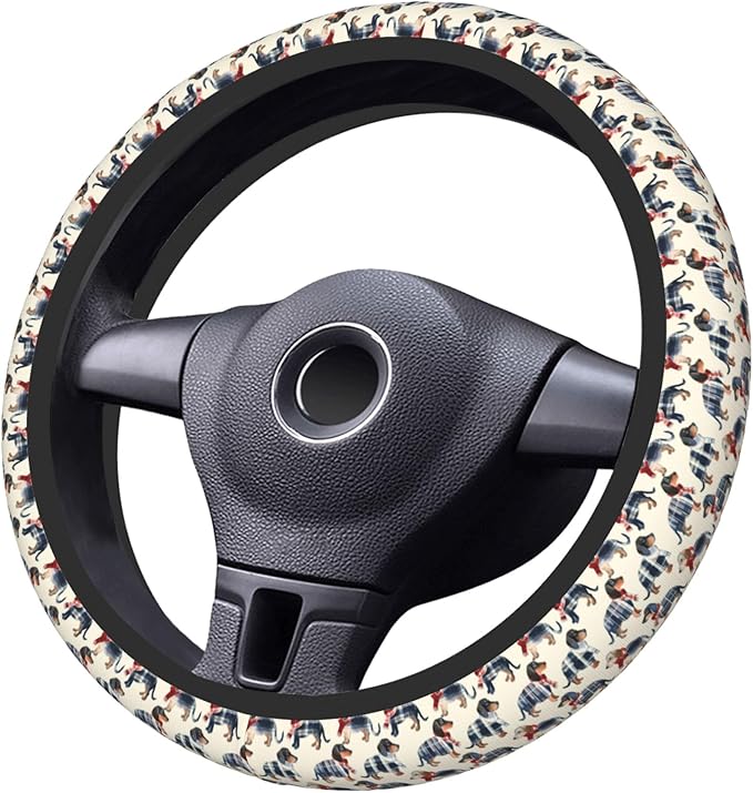 Car Steering Wheel Cover 15 Inch Leather Breathable Universal Auto Steering Wheel Protector Fit Auto Suvs Van Truck - Plaid Dachshund 6