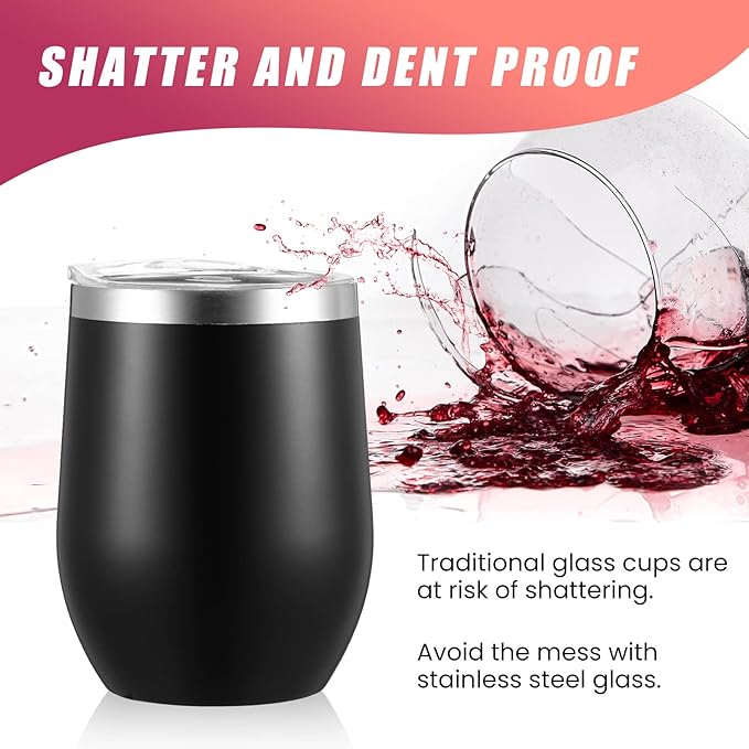 16 Pack Stainless Steel Wine Tumblers 12 oz Insulated Vacuum Wine Cup Set Double Wall Stainless Steel Stemless Mug Glasses for Coffee Soda Whiskey Outdoor Travel (Black)