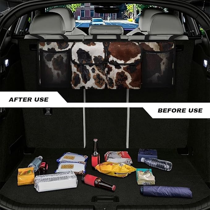 Cow Print Car Trunk Organizer, Large Capacity Auto Backseat Hanging Organizer, Thick Backseat Storage Bag with 2 Pockets, 2 Mesh Pockets, Car Trunk Tidy Storage Bag with Lids