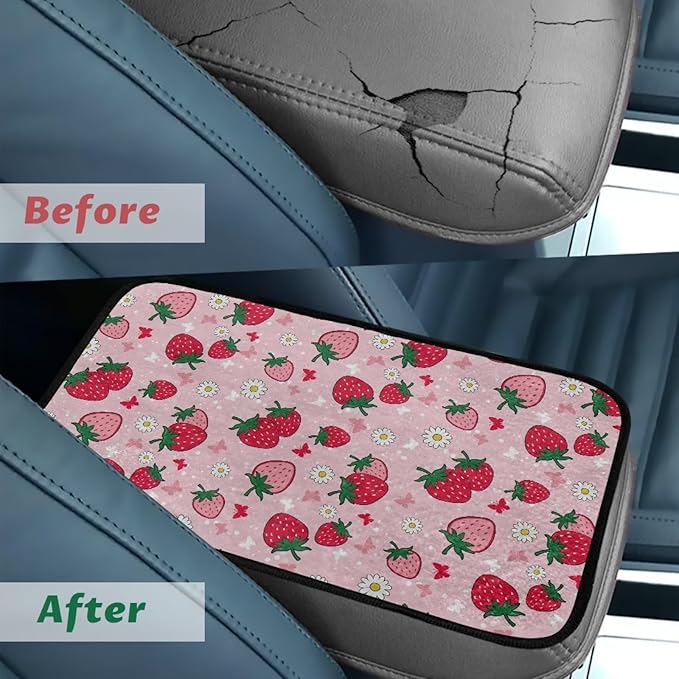 CLOHOMIN Strawberry Center Console Cover for Car Sedan Van Flower Car Center Console Cushion Pad Flannel Auto Armrest Cover Accessories