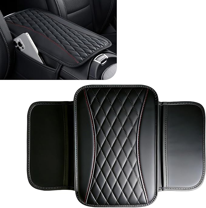 Patchwork Leather Center Console Cover, Upgraded Car Armrest Cover with 2 Storage Bags, Universal Arm Rest Covers for Car, Vehicle Interior Accessories Middle Console Cushion Organizer (Black)
