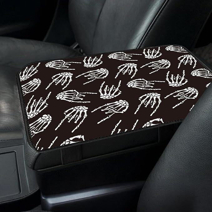 Car Center Console Cover, Universal Soft Large Neoprene Auto Armrest Seat Box Cover, Funny Car Decor Accessories Fit for Most Cars, Vehicles, SUVs Cool Black Skull Hands