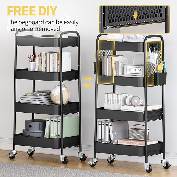 TOOLF 4 Tier Rolling Cart with Pegboard, Metal Storage Organizer Cart with Wheels, Hooks & Bins Esthetician Craft Art Sturdy Storage for Bathroom, Kitchen, Office, Nursery Diaper