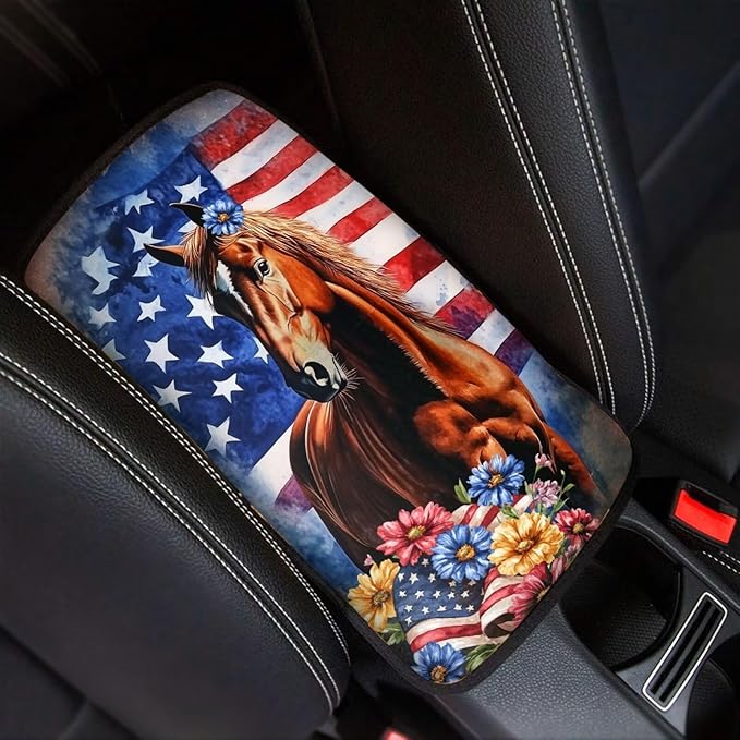 Flag Horse Auto Armrest Console Cover Arm Rest Cover Car Soft Car Console Covers Protect from Pet Claws for Most Vehicle, SUV, Truck, Cars