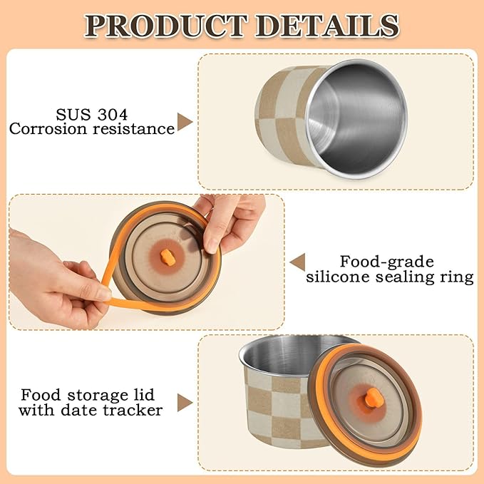 Checkered Beige Coffee Canister 30oz Stainless Steel Airtight Food Storage Container with Lid for Beans/Cereal Preserval