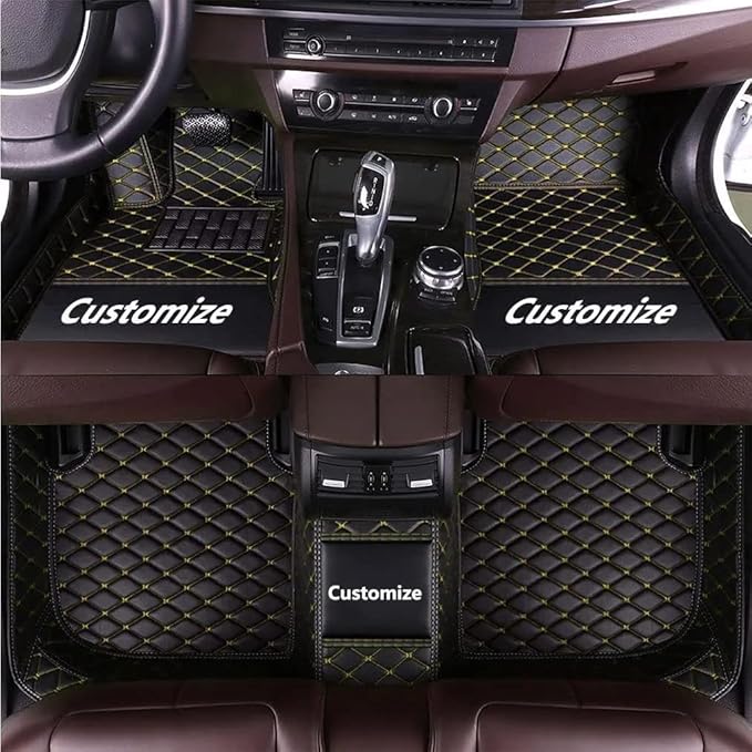 Custom Making Car Floor Mats Compatible for 2000-2025 All Mode Sedan SUV Sports Car Full Coverage Cute Pads Protection Non-Slip Leather Floor Liners (Black Yellow Line)
