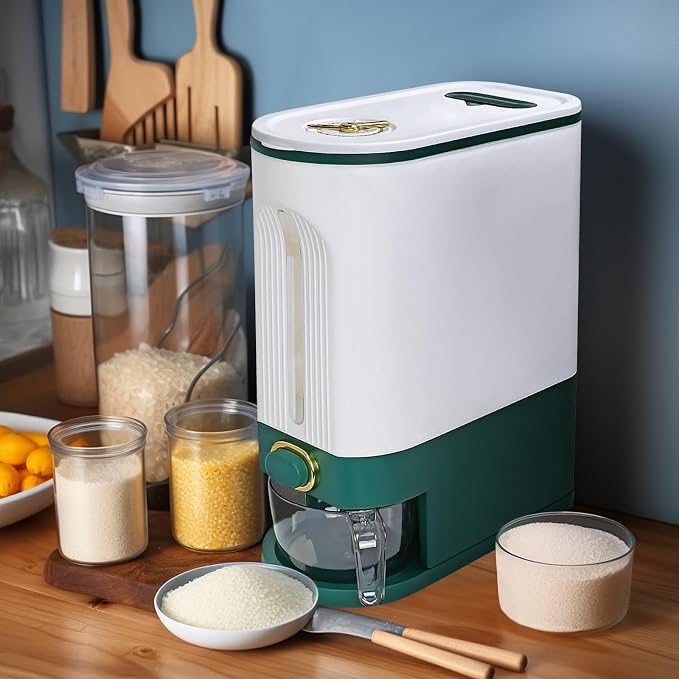 LUOKER Rice Dispenser,25 Lbs Rice Storage with Measuring Cup,White&Green Rice Container with One-Touch,Cereal Dispenser Storage with Lids for Rice, Corn,Soybean & Oatmeal,Airtight, Moisture Proof