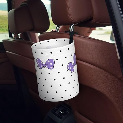 Cute White Polka Dot Purple Bow Car Trash Can Garbage Cans Foldable,Small Hanging Car Organizer Storage Bag Leak Proof, Auto Back Seat Trash Bin Universal for Truck, SUV, Outdoor Travel