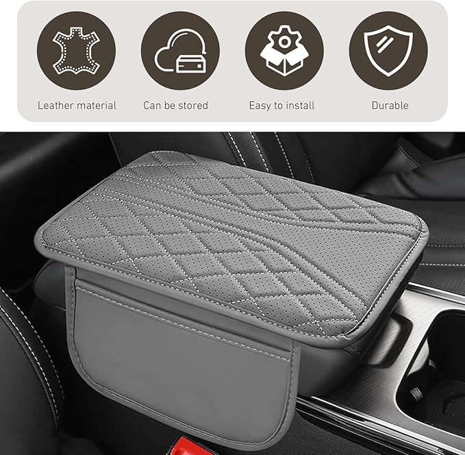 Car Center Console Cover, Leather Arm Rest Cover with Storage Bags, Multi-Functional Armrest Storage Box pad, Universal Interior Accessories for SUV, Sedan, Truck (Grey)