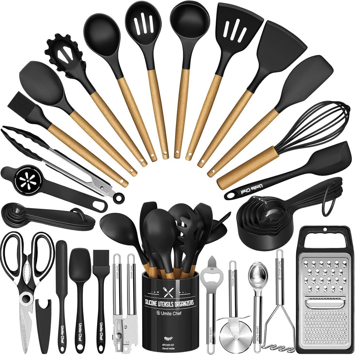 Umite Chef 34‑Piece Silicone Cooking Utensils Set with Holder – Heat‑Resistant Non‑Stick
