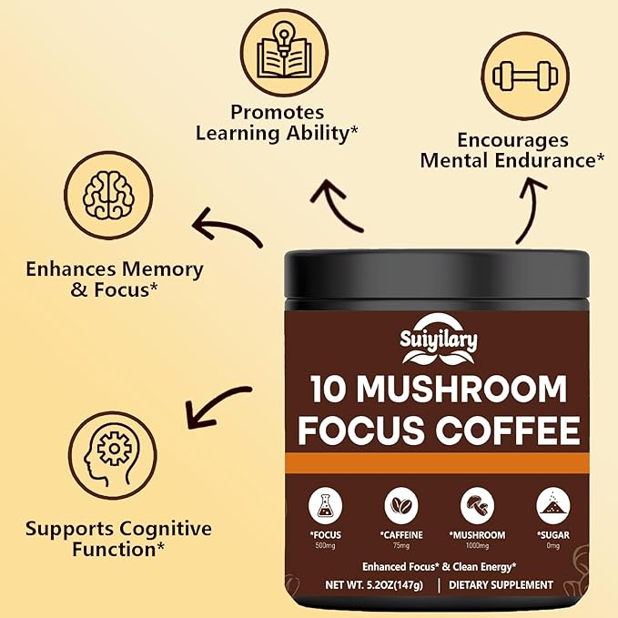 Mushroom Coffee with Focus, 10 Mushroom Extract Powder Blend Lion's Mane, Brain Supplements with Instant Coffee for Energy, Focus, Memory and Immunity 147g 21 Serving