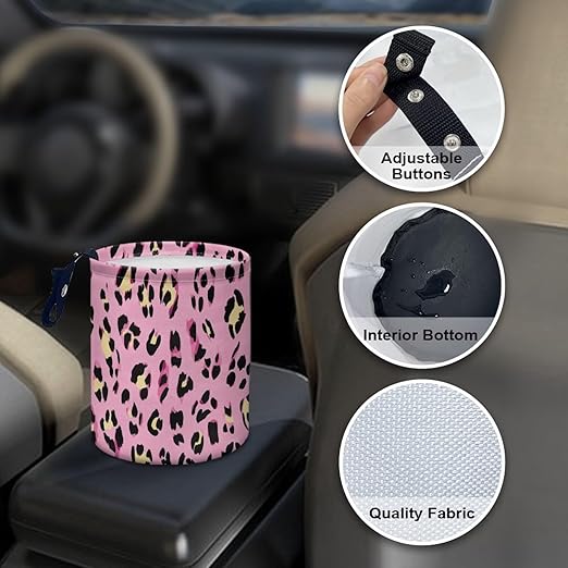 Pink Leopard Print Car Trash Can, Cute Car Trash Bag, Vehicle Trash Can, Multipurpose Trash Bag Hanging, Portable, Waterproof Storage Bag for Cars