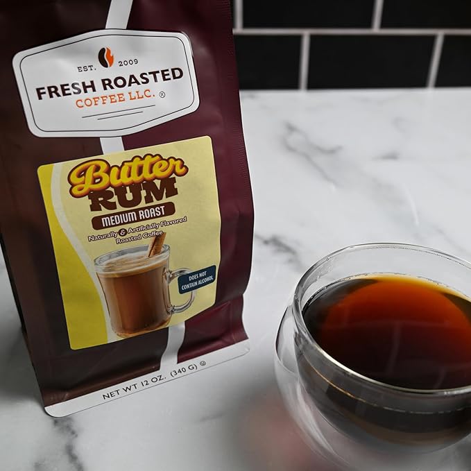 Fresh Roasted Coffee, Butter Rum Flavored Coffee, 12 oz, Medium Roast, Kosher, Ground