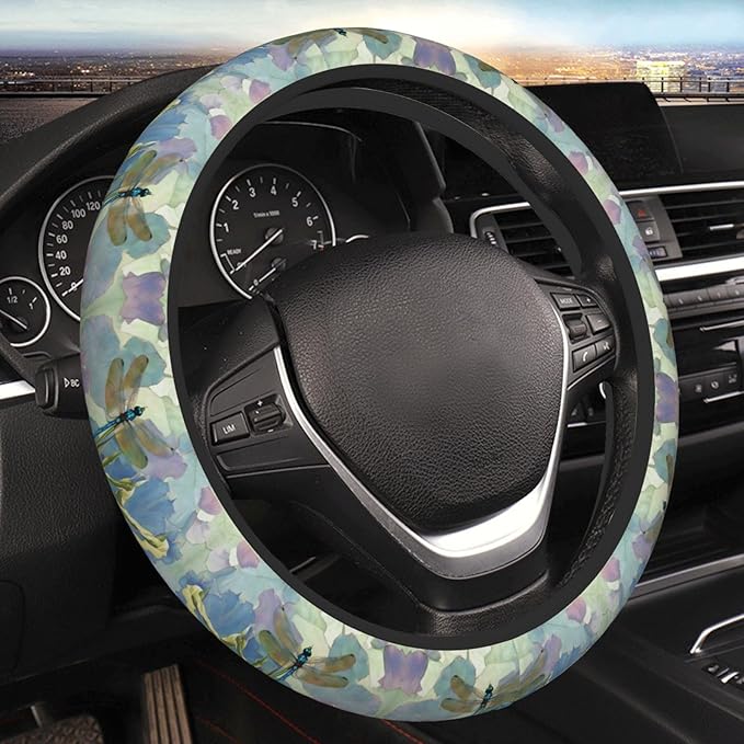 Floral Dragonfly Neoprene Steering Wheel Covers Women Men Car Accessories, Universal 15 Inch Fit Auto, Suvs, Truck