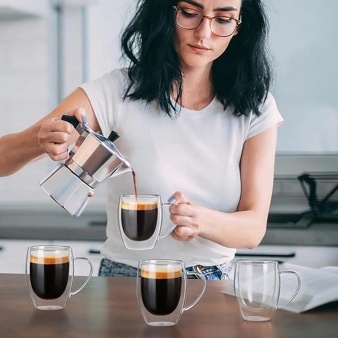Double Walled Glass Coffee Mugs, Glass Coffee Mugs Set Of 4, Glass Coffee Cups with Handles, 12OZ, Suitable for Cappuccino, Latte, Espresso, Hot Drinks, Cold Drinks