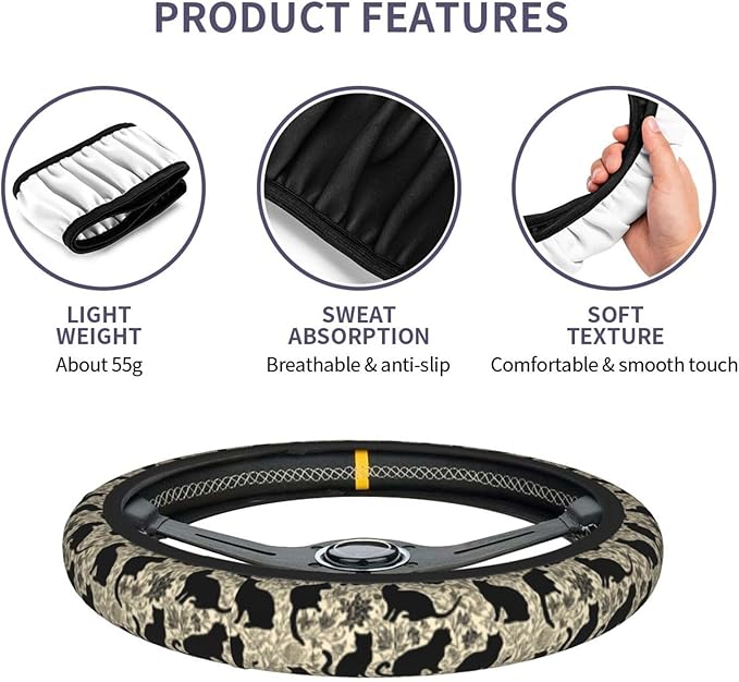 Cat Steering Wheel Cover Elastic Non-Slip Car Steering Wheel Covers with Seat Belt Shoulder Pad for Women Men
