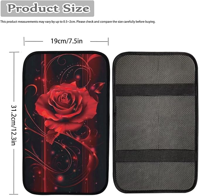 Rose Print Armrest Cushion Cover for Car Scratch Proof Car Center Console Armrest Protector Cover Universal Fit Truck Sedan SUV, Red and Black