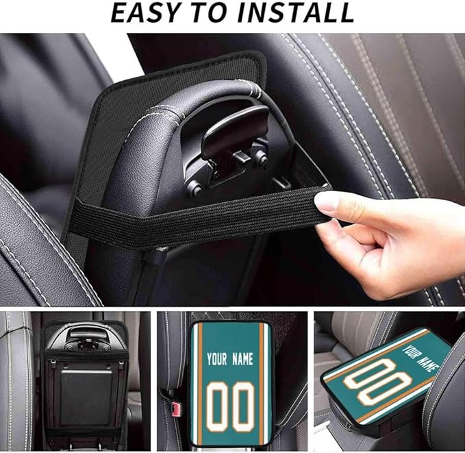 Custom Car Armrest Cover,Add Personalized Name and Number As Gifts for Loyal Football Fans,American Football Auto Center Console Pad Car handrail Box Cushion,Fit for Most Car Seat Box Cover Protector