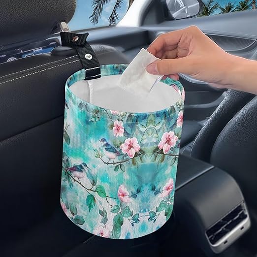 Green Hummingbird Car Trash Bin Garbage Can Leak Proof Waste Basket Container Bag Bin Portable Cup Holder Organizer with Strap Universal Storage Bag Box for Auto, Car, Camping, Travelling