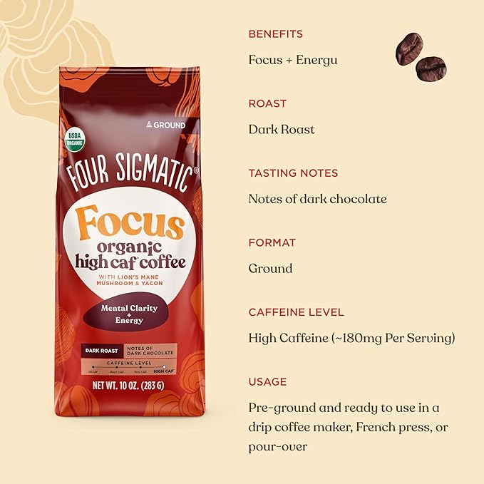 Four Sigmatic Organic High Caffeine Lion's Mane Ground Coffee, 10 OZ