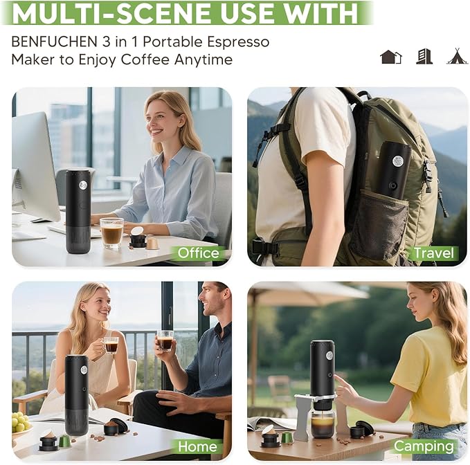 BENFUCHEN 3 in 1 Portable Electric Espresso Machine for Nespresso Capsule, Travel Coffee Maker with Ground Coffee for Camping, RV, Hiking, Office,Car Coffee Maker Self-Heating with USB-C (Black)