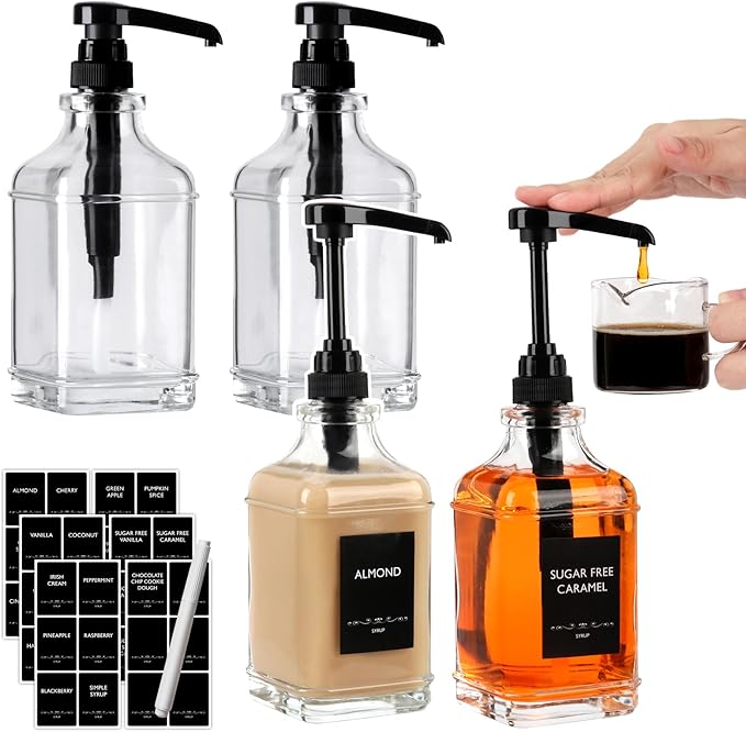 BIGIVACA 4 Pack Coffee Syrup Dispenser 16 oz,Clear Glass Syrup Bottle with 1/4oz Capacity Pump,Syrup Dispenser for Coffee Bar with Plastic Pump