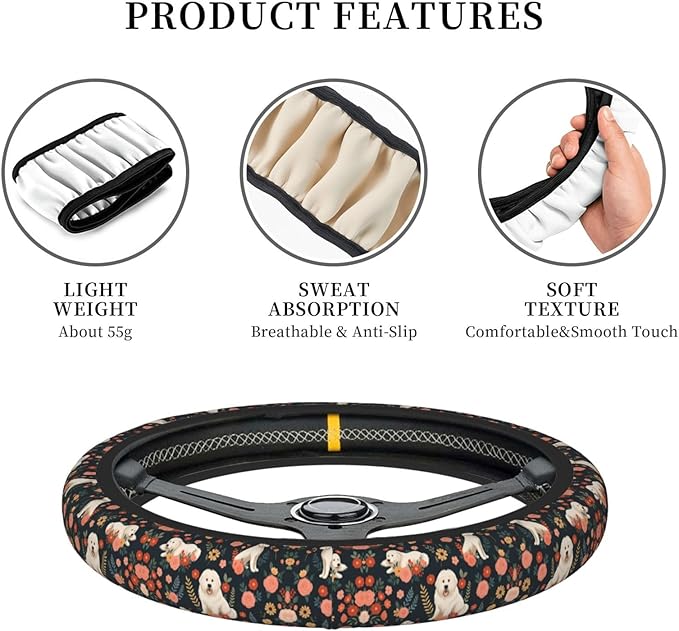 Great Pyrenees Dog Universal Fit Steering Wheel Cover for Car, Truck, and SUV, Durable Steering Wheel Protection