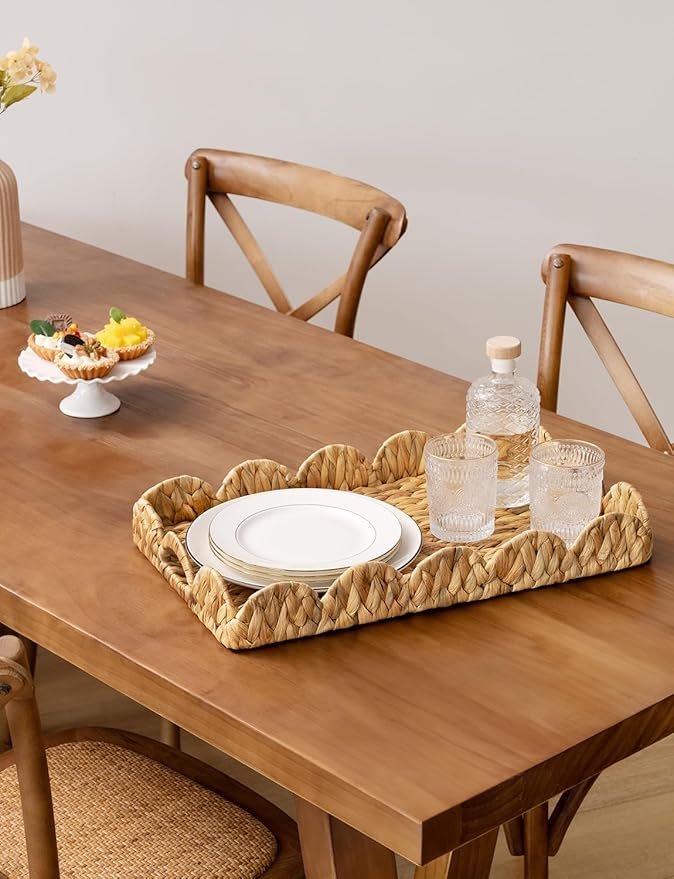 StorageWorks Large Wicker Scalloped Edge Serving Tray, Rectangle Tray with Built-in Handles, Hand-Woven Scalloped Rattan Tray, Wicker Trays for Décor, Natural Water Hyacinth