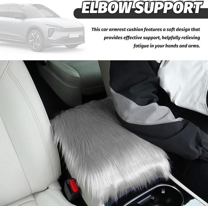 Soft Car Center Console Cover,Fluffy Arm Rest Cover for Car with Elastic Straps to Relieve Fatigue,Cars Armrest Cushion Universal Cars Decorations for Vehicles SUVs Trucks (Gray)