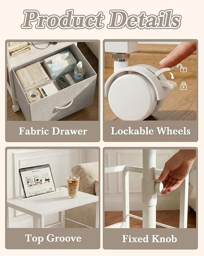 Faesun Swivel Lift Top Nightstand with Charging Station, Rolling Side Table for Recliner, Bedside Table with Wheels & a Fabric Drawer, for Small Spaces, for Bedroom, Living Room, White Gray