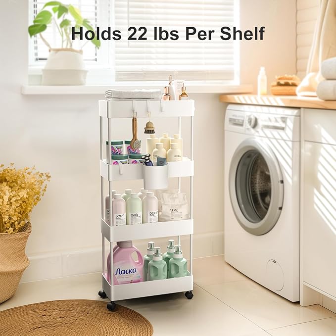 Pipishell Slim Storage Cart with Wheels, 4 Tier Bathroom Storage Organizer Rolling Utility Cart for Bathroom Kitchen Laundry Room Office Narrow Place (White)