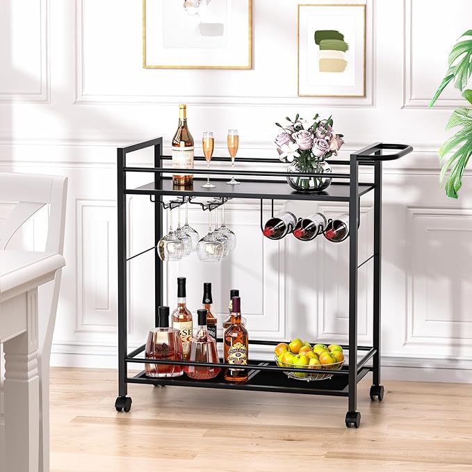 Bar Cart,Home Bar Serving Cart with Storage Shelves, 2 Tier Rolling Beverage Cart with Wheels, Modern Vintage Black Wine Cart with Wine Rack and Glass Holder for Kitchen, Dinning Room,Living Room