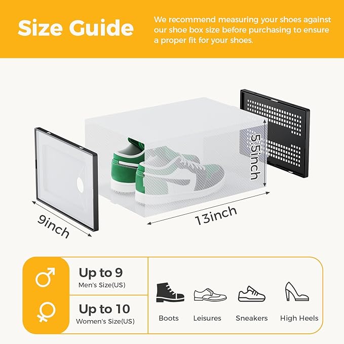 Sweetcrispy Shoe Storage Boxes, Clear Plastic Stackable Shoe Rack Organizer with Lids for Closet, Foldable Sneaker Container, Under Bed and Entryway, 12 Pack, Black