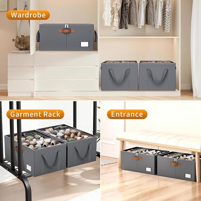 2 Pack Shoe Organizer for Closet, Foldable Shoe Storage Organizer with Clear Cover, Lable and Reinforced Handles, Space Saving Shoes Box Fits up to 20-40 Pairs, Gray
