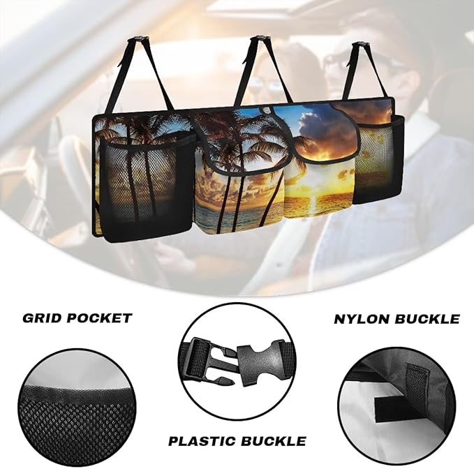 Hanging Trunk Organizer, Foldable Car Trunk Organizer Back Seat Hanging with 4 Large Compartments, Hanging Trunk Organizer Universal for Vehicles (with Mesh Bag)