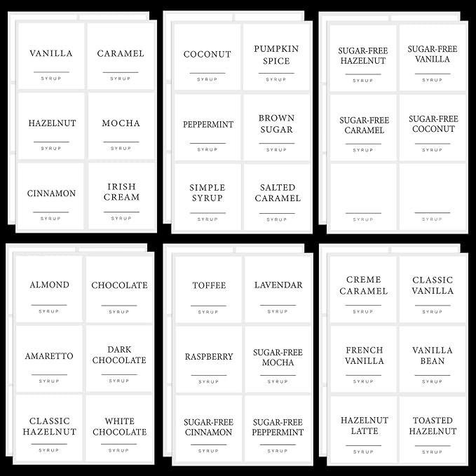 72PCS Coffee Syrup Labels for Coffee Bar,Waterproof Coffee Syrup Pump Stickers,White Coffee Syrup Dispenser Stickers for Glass Bottles(2.5"x2.5")