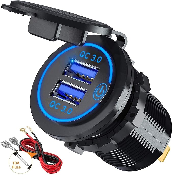 GemCoo 12V USB Outlet 36W QC 3.0 Charger Socket with Power Switch, 12V/24V Charger Socket Fast Charge for Car RV Boat Marine Truck Golf Motorcycle