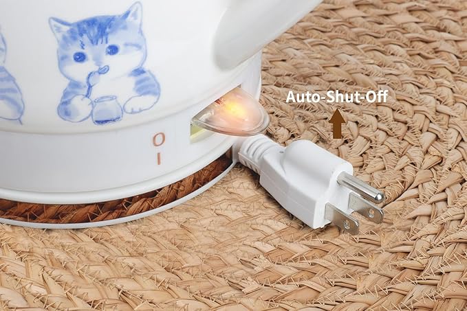 Toptier Electric Ceramic Tea Kettle, Boil Water Quickly and Easily, Detachable Swivel Base & Boil Dry Protection, Carefree Auto Shut Off, 1.5 L, Greedy Cat